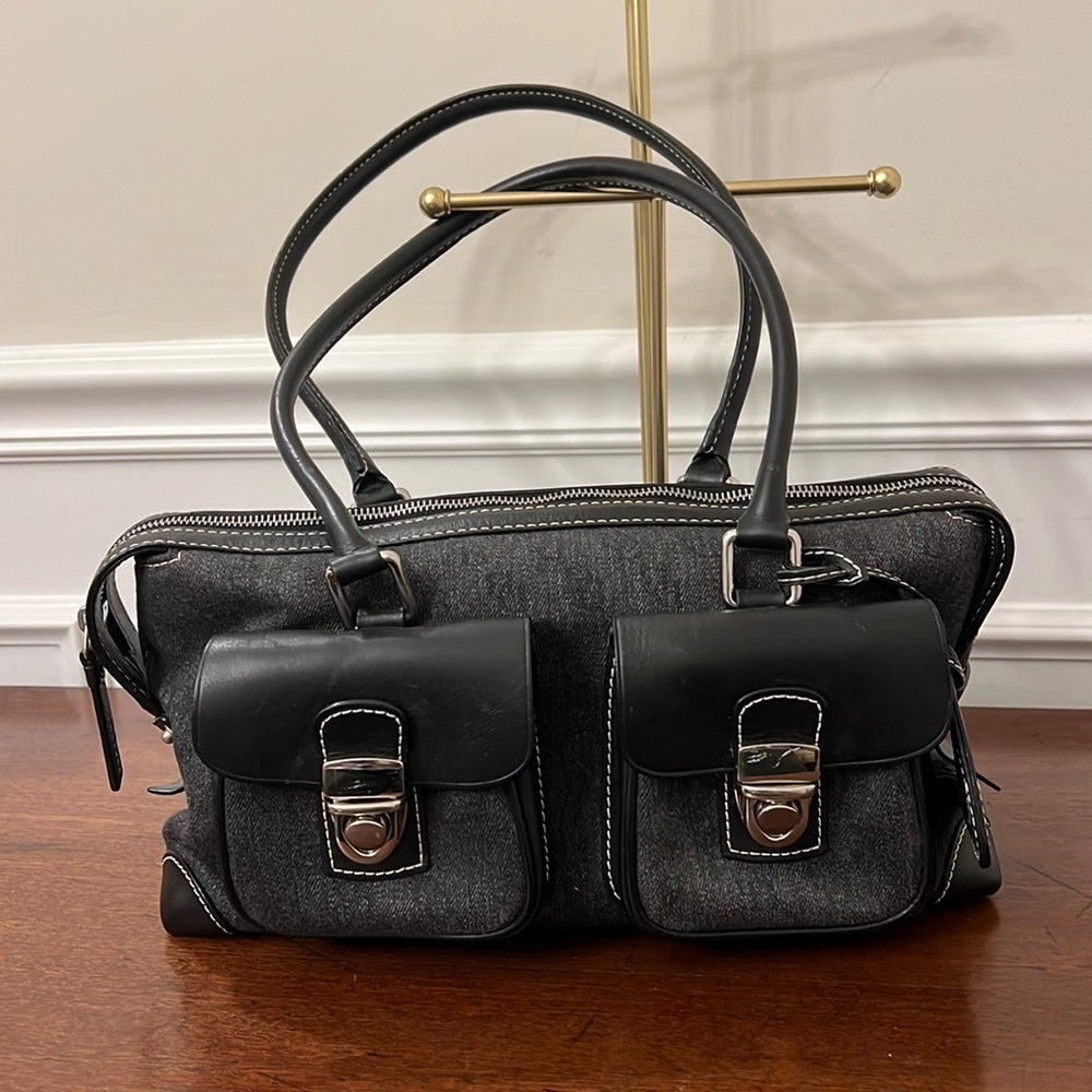 Dooney Bourke Handbag Double Pocket Black Denim Jean & Leather